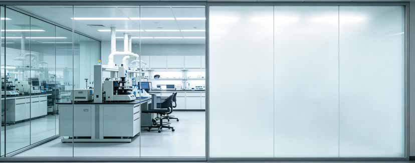 Laboratorio con vidrio transparente a la izquierda y esmerilado a la derecha