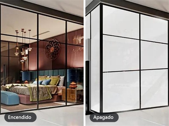 Recámara con muros de vidrio: a la izquierda encendido y transparente, a la derecha apagado y esmerilado